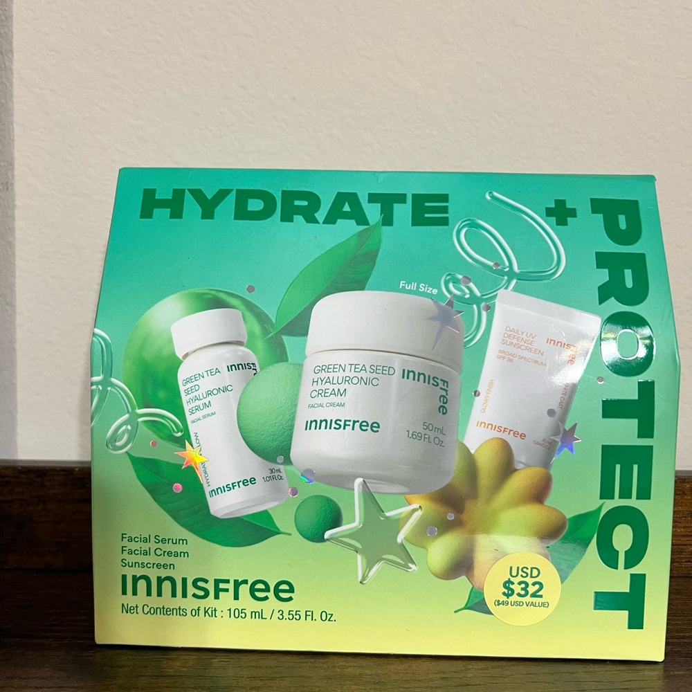 Innisfree Hydrate Green Tea Seed Hyaluronic Cream, Serum Sunscreen Skincare Set